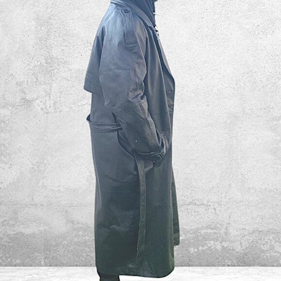 Leather Button Front Belted Trench Coat Men's Black Size XL - Picture 6 of 16